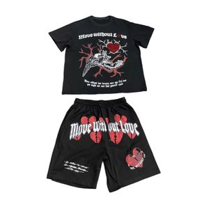 Ensemble court pour homme, streetwear, 2 pièces, t-shirt graphique et short, coton lourd, survêtement oversize, tenue gothique personnalisée - Product Image 1