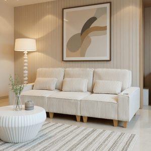 Divano Moderno a 3 Posti con Seduta Profonda in Velluto a Coste, Portabicchieri in Acciaio Inox Spazzolato e 3 Cuscini Decorativi per Soggiorno - Product Image 3