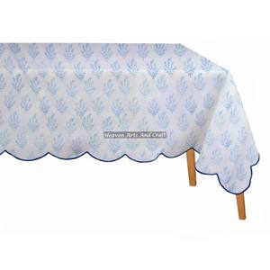 Hermosa Manteles Rectangulares de Algodón con Estampado de Bloques y Borde Festoneado, Cubierta de Mesa OEM con Diseño Floral para el Hogar, Fiestas y Banquetes - Product Image 1