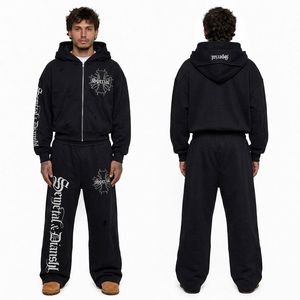 Conjunto de Sudadera con Capucha y Pantalones Deportivos de Felpa 100% Algodón, Estampado, Corte Holgado, Estilo Casual Urbano para Invierno - Product Image 4