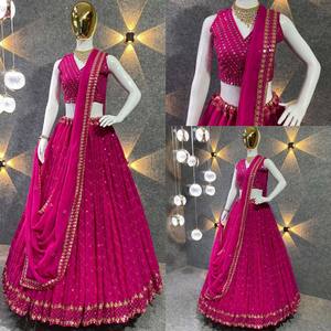 DESPIECE FIESTA SECUENCIA GEORGETTE CON BORDADO TRABAJO LEHENGA CHOLI CON DUPATTA ROSA - Product Image 1