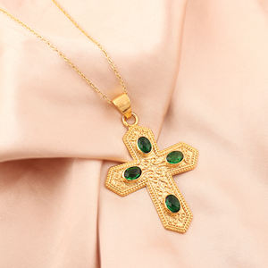 Designer cross necklace oval cut emerald quartz multi gemstone pendant necklace 18k gold plated solid brass wholesale necklace - Product Image 3