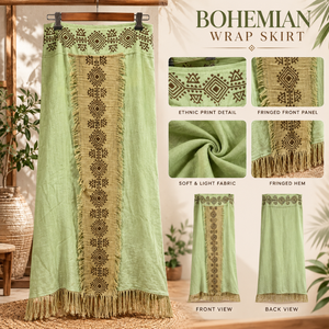 Ethnic Bohemian <b>Wrap</b> <b>Skirt</b> Green Printed Fringe <b>Maxi</b> <b>Skirt</b> | Lightweight Festival Beachwear Gypsy Womens Summer Fashion Clothing - Product Image 5