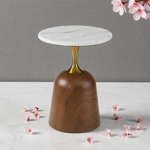 Table basse moderne gain de place avec plateau en marbre, base en bois, pied en métal doré, design industriel, étagère de rangement, meuble de salon - Product Image 2