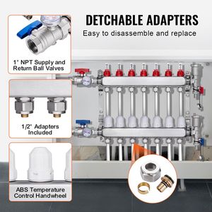 Colector de Calefacción Radiante de 7 Ramificaciones con Tubería PEX de 1/2'', Colector de Acero Inoxidable para Calefacción por Suelo Radiante Hidrónico para Sistemas HVAC - Product Image 3