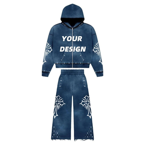 Ensemble de survêtement en tissu 100% coton délavé à l'acide, qualité supérieure, avec impression sérigraphiée de strass, coupe oversize à capuche, vente en gros OEM - Product Image 5