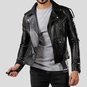 Blouson de motard personnalisé pour homme en cuir véritable noir, coupe ajustée, avec ceinture, en peau de mouton souple, style streetwear - Product Image 2