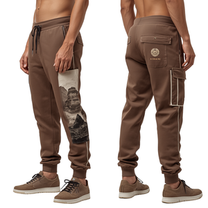 Pantalon empilé de luxe pour homme Mocha Ridge avec construction en coton lourd de qualité supérieure et style graphique brodé artistique - Product Image 2