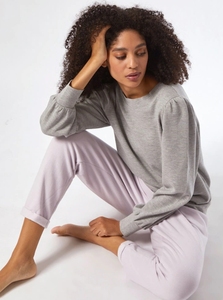 Sweat-shirt gris à manches bouffantes pour femme, couleur unie, col rond, tricoté en coton et fibre de bambou, respirant, décontracté, pour l'automne - Product Image 3
