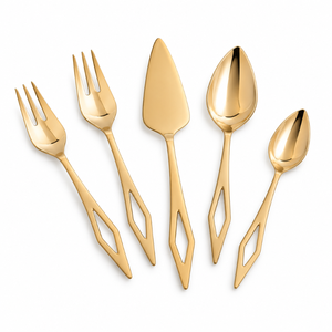 Juego de Cubiertos de Lujo en Tono Dorado de Cinco Piezas con Mangos con Diseño de Diamantes | Tenedores, Cucharas y Cuchillos de Servir de Acero Inoxidable de Primera Calidad - Product Image 1