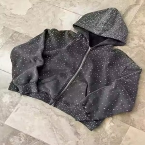 Sudadera con capucha vintage para hombre, personalizada, con cremallera, pedrería brillante, de algodón grueso, felpa francesa, lavado ácido - Product Image 2