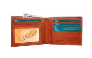 [Best Value] <b>Top</b> Quality Castello Italian Vacchetta Leather RFID Men Bi-fold Billfold ID Card Wallet <b>Checker</b> Embossed Brown - Product Image 5