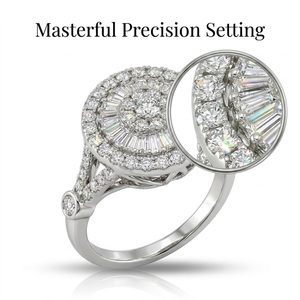 Anillo de compromiso de oro blanco de 18 quilates con diamantes naturales, triple halo, diseño de racimo de rayos de sol y baguette para mujer - Product Image 2