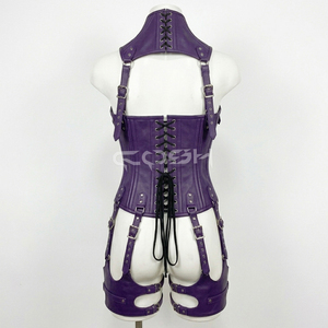 Corset en cuir violet à baleines en acier, avec harnais pour le cou et les cuisses - Product Image 3