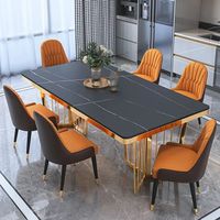 Table à manger rectangulaire moderne de luxe en marbre avec pieds en métal, chaises rembourrées bleu sarcelle, 6 places, finition dorée, bord brut imperméable, pour studio