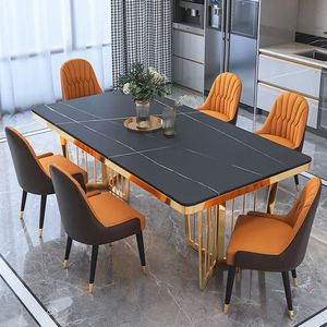 Table à manger rectangulaire moderne en marbre, chaises rembourrées bleu sarcelle, 6 places, finition dorée, meubles de maison stables, modèle LIVE EDGE STUDIO 095 - Product Image 3