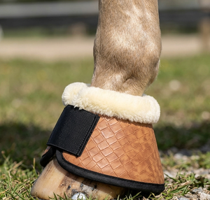 Premium Horse Bell Boots Heavy Duty Gator Look Faux Leather <b>Fur</b> Padded Protective Hoof Guards Shock Absorbing Customizable Color - Product Image 4