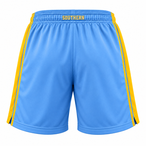 Shorts de Baloncesto Personalizados de la Universidad del Sur (SU), Estilo HBCU, Color Azul Columbia con Franja Lateral Dorada, Shorts Deportivos al por Mayor - Product Image 2