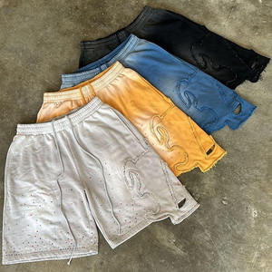 OEM Custom <b>High</b> Quality French Terry 100%Cotton Rhinestones Cut and Sew Pants Streetwear Distressed Men Acid Wash Shorts - Product Image 3
