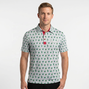 Men's Short Sleeve <b>Polo</b> <b>Shirt</b> With Cactus Print Cotton Oxford Fabric Breathable Casual Design <b>Red</b> Buttons Front Logo - Product Image 2