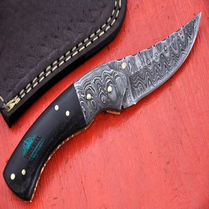 Couteau de chasse en acier Damas, lame à pointe tombante, manche en cuir, bouton de pouce, pour usage extérieur et camping - Product Image 2