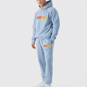 Men Light Blue Hooded Drawstring Solid Tracksuit Set Full Length Polyester Sweatshirt Pants with Side Pockets Casual Autumn Wear - Product Image 1