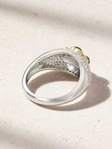 High-End 9 Karat White & Yellow Gold Malachite Clover Diamond <b>Dome</b> <b>Ring</b> Elegant Designer Fine Jewelry - Product Image 2