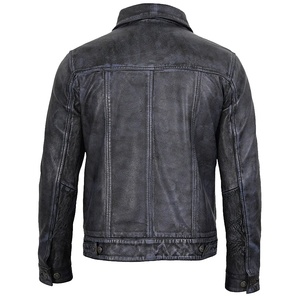 Veste en cuir véritable lavé pour homme 5K, col mandarin, fermeture éclair, coupe ajustée, style moto, coupe-vent, antibactérienne, doublure en sherpa - Product Image 3