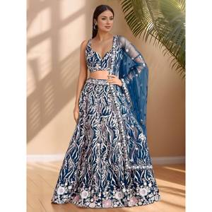 Vestido de Novia Impresionante Lehenga Choli con Lentejuelas Azules y Dupatta - Product Image 1