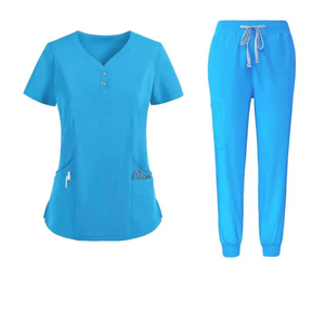 Tenues médicales pour femmes les plus vendues : Ensembles de blouses et pantalons en coton tricoté à manches courtes pour cliniques et infirmières - Product Image 1