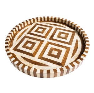 Plateau rond en os bleu vif avec incrustations, orné de motifs floraux blancs et d'un bord feuillu, disponible à prix de gros. - Product Image 6