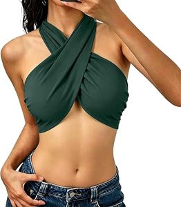 Women's Criss-<b>Cross</b> Halter Tank <b>Top</b> Solid Color Ruched Sexy Club Style Breathable Knitted Spandex Polyester <b>Top</b> - Product Image 2