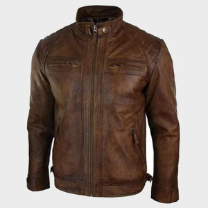 <b>Brown</b> 100% <b>Leather</b> Waterproof Shell <b>Jacket</b> <b>Men</b> Biker Slim Fit Stand Collar Winter Outerwear - Product Image 1