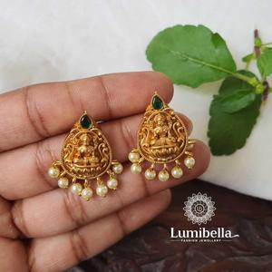 18K Gold Plated Lakshmi Earrings with Green Stone and Diamond Accents for Wedding and Party - Product Image 3