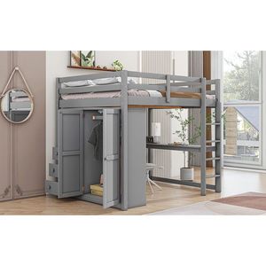 Letto a soppalco matrimoniale grigio con armadio integrato, scrivania, scaffali portaoggetti e cassetti - Legno - Product Image 4