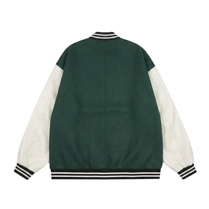custom green wool body <b>white</b> leather sleeves skeleton bone patch varsity <b>jacket</b> wholesale <b>men</b> streetwear hip hop letterman outer - Product Image 2