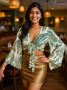 Blusa de Verano para Mujer, Estilo Bohemio, Floral, Cuello en V, Manga Campana, Transpirable, Ecológica, para Fiestas, con Lazo - Product Image 3