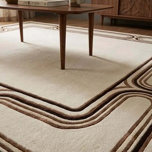 Luxury Modern Wavy Border Area Rug Cream Brown Abstract Hand Tufted Wool Carpet For Living Room Bedroom Floor Decor Soft - Product Image 4