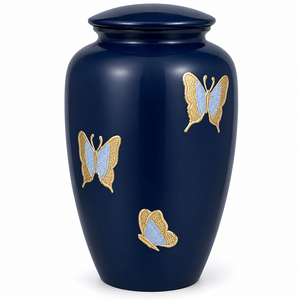Antique Blue Butterfly Engraved Cremation Urn Memorial Picture Sticker with Enamel Cremation Urn for Human Funeral Ashes - Product Image 1
