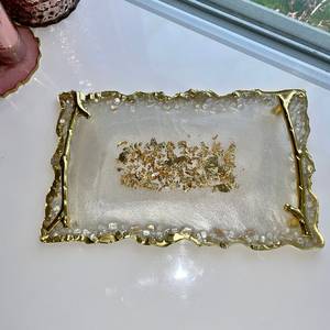 Handmade Tray & <b>Coaster</b> Set Resin <b>Agate</b> Tray Glass Rim Luxury Modern Dining Table Accent Coffee Table Serving Set - Product Image 5