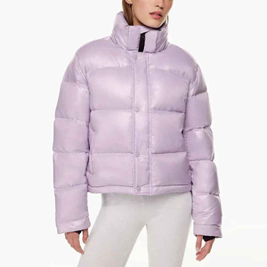 Light Purple Down Puffer <b>Jacket</b> Stand Collar <b>Short</b> Length Casual Winter Coat Windproof Slim Fit Regular <b>Sleeve</b> Solid Color - Product Image 1