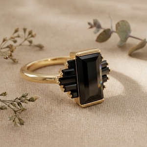 Black Onyx Emerald Cut Moissanite <b>Ring</b> 14K Gold Art Deco Engagement <b>Ring</b> Vintage <b>Statement</b> <b>Ring</b> Women - Product Image 3