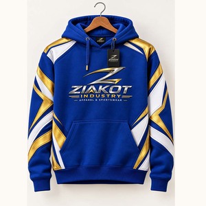 Sweat-shirt à capuche sportif personnalisé avec motif 3D blanc et or royal, confectionné sur mesure par l'industrie Ziakot, vente en gros directe - Product Image 1