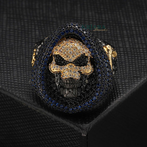 Men's 925 Silver 18K <b>Gold</b> Skull <b>Ring</b> With Black lab grown Diamond And Blue <b>Sapphire</b> Hiphop Style Everyday Wear Jewelry - Product Image 4