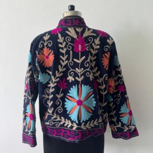 Women's Vintage Sujani Woven Velvet Hand Embroidered Bohemian Winter <b>Jacket</b> Indian Floral Design <b>Mandarin</b> <b>Collar</b> - Product Image 4