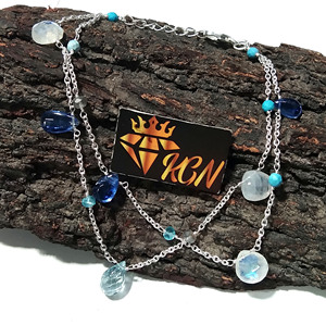 Natural Blue Kyanite & Moonstone Charm <b>Bracelet</b>, 925 Silver Layered Gemstone <b>Bracelets</b>, Delicate Layered Chain Jewelry - Product Image 4