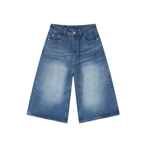Men's Blue Washed Denim Bermuda <b>Shorts</b> Mid Rise Button Fly Casual Style 100% Cotton Woven Fabric - Product Image 1