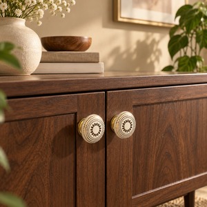 SHUBHAM Decorative <b>Ceramic</b> Cabinet <b>Knob</b> with Brass Base – Ivory Brown Gold Dotted Floral <b>Drawer</b> Pull Handle for Furniture - Product Image 5