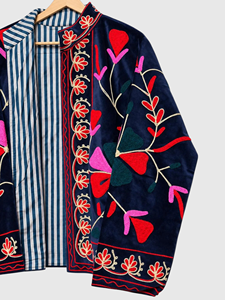 Floral Embroidered Velvet Jacket Mandarin Collar Full Sleeve Plus Size Women'<b>s</b> Prairie Chic Autumn Style - Product Image 4