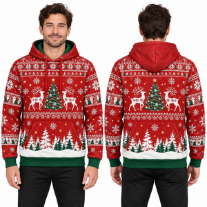 Men's Christmas Hoodie Santa Sleigh Moon Snow Village Print Casual Winter Sweatshirt with Pocket Design - Product Image 5